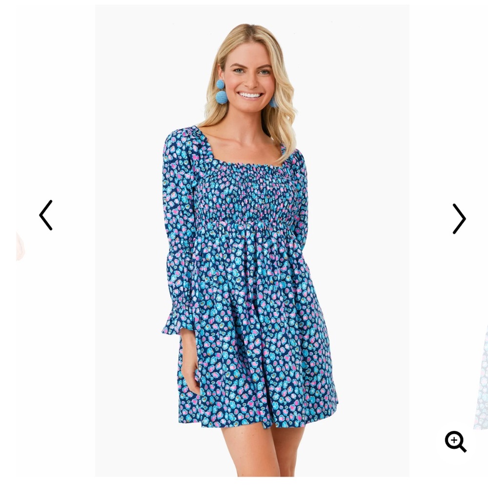LILLY PULITZER Smocked Dress XXS BEYONCA LONG SLEEVE. LOW TIDE NAVY SPOTTED NWT